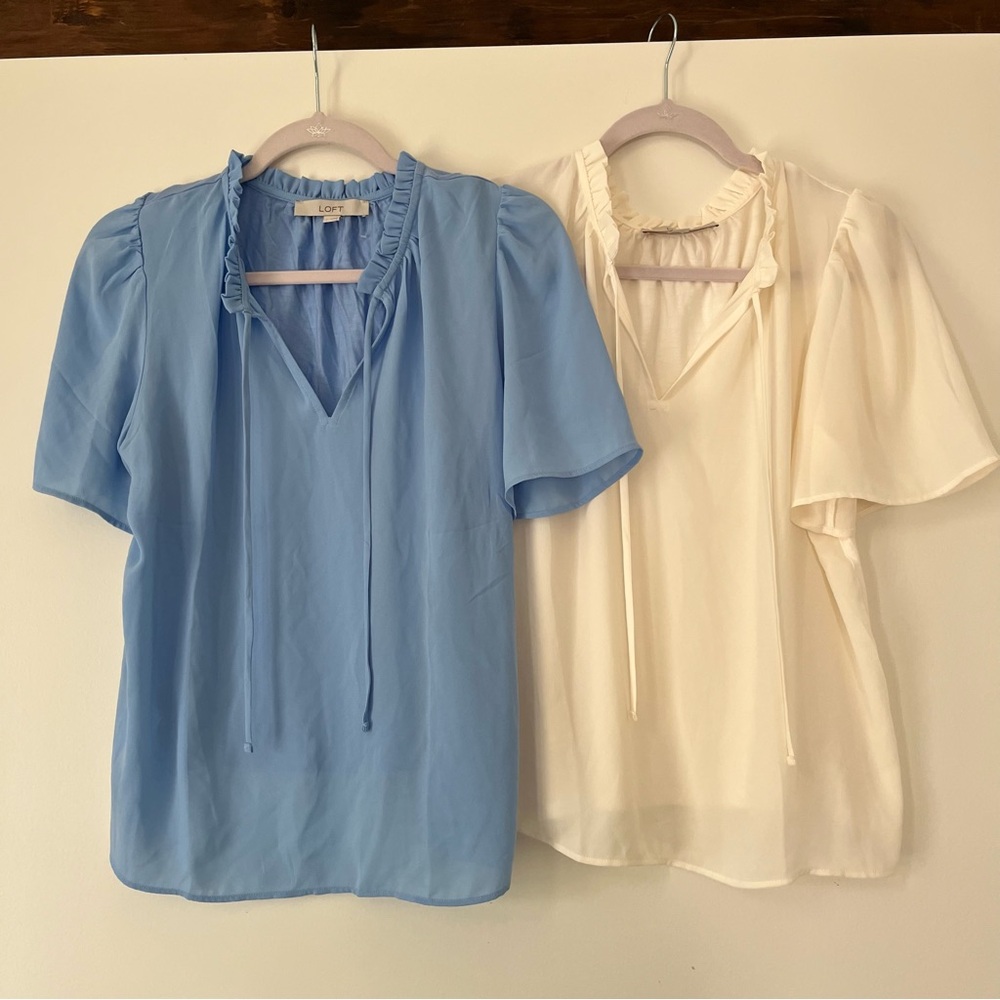 LOFT Women's Blue and Cream Blouses